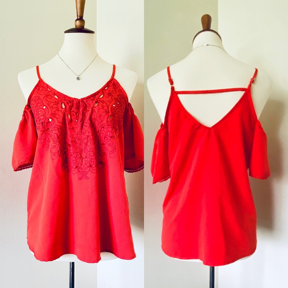 Eyeshadow Red ColdShoulder Eyelet Embroidered Tank